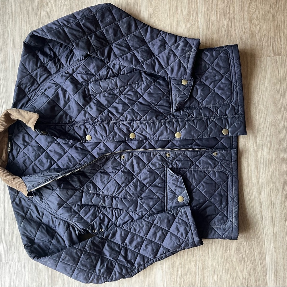 Quilted Barbour Ashby Blue Jacket with Brown Collar